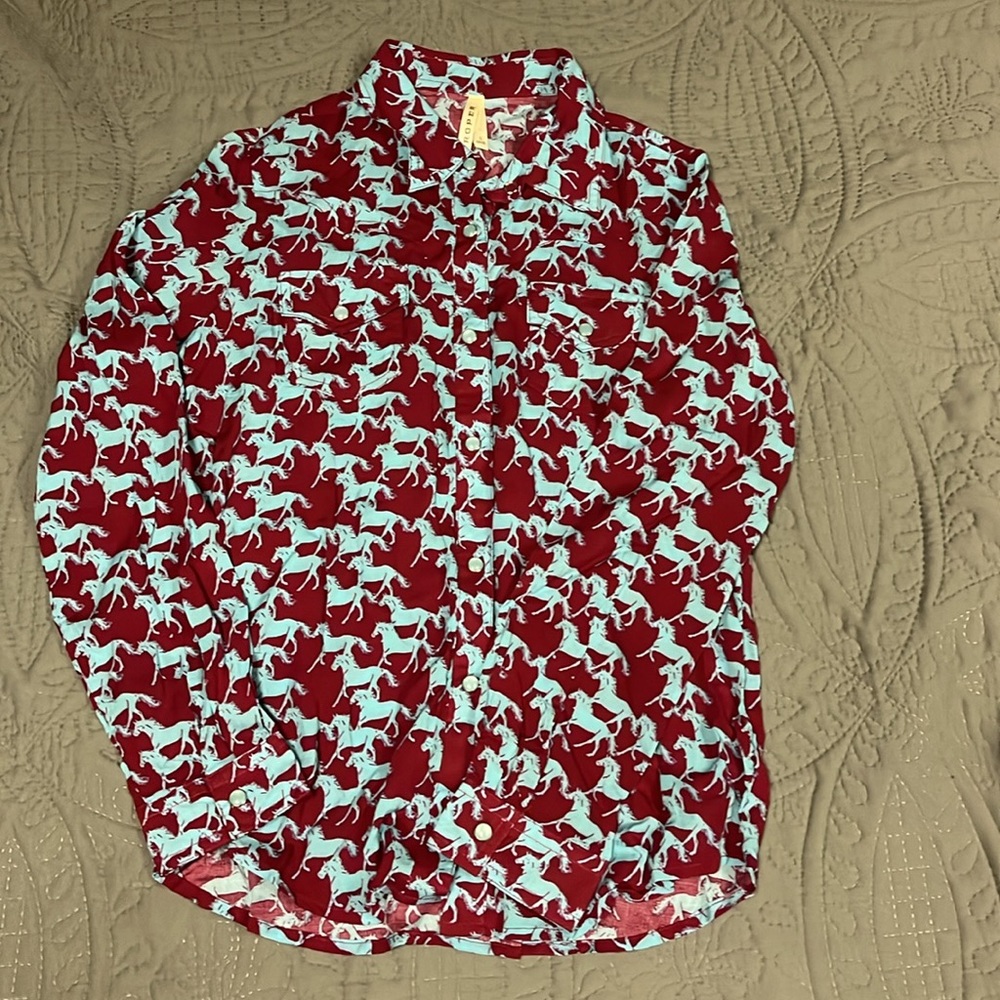 Roper Kids Red and Blue Horse Pattern Shirt